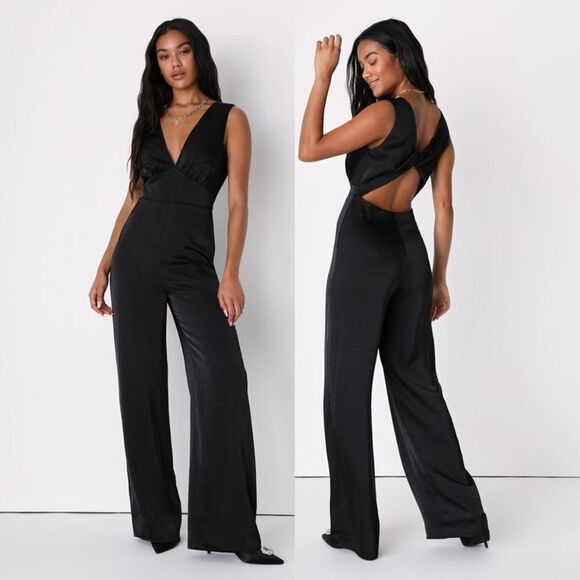 Lulu's Women Black‎ Satin Twist-Back Cutout Wide-Leg Jumpsuit - Picture 1 of 5